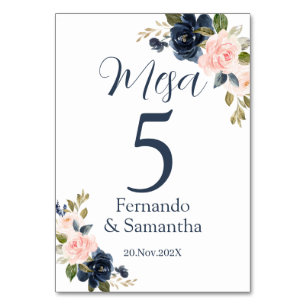 Spanish Navy Blue Floral Wedding Table Number