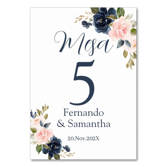 Spanish Navy Blue Floral Wedding Table Number (Front)