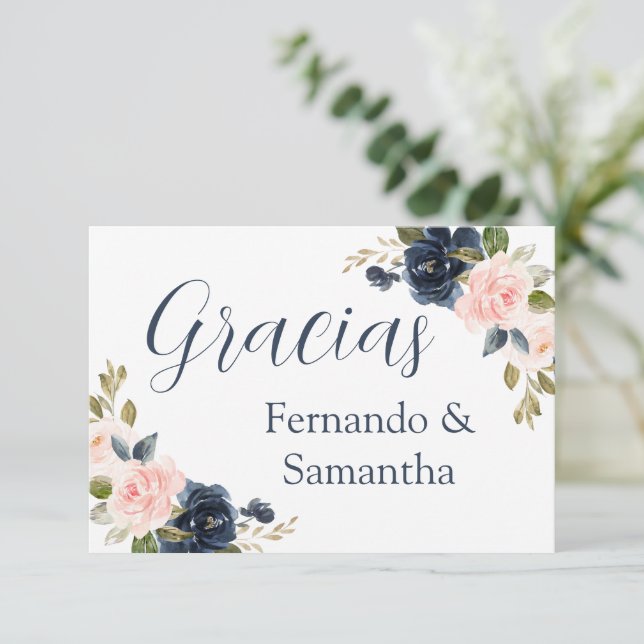 Spanish Navy Blue Floral Wedding Thank you RSVP Card (Standing Front)