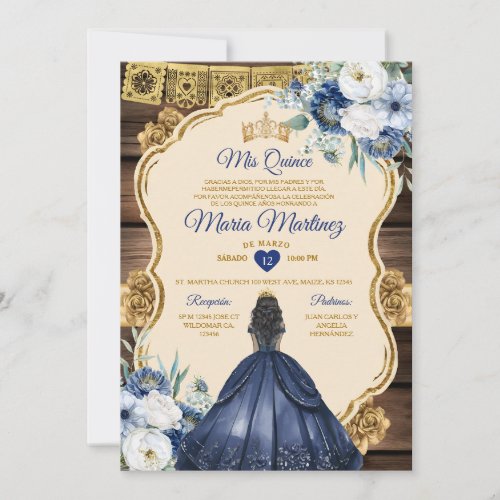 Spanish Navy Blue Floral Wood 15 Anos Quiceanera  Invitation