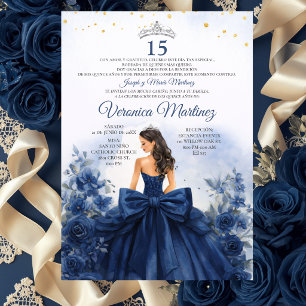 Spanish Navy Blue Princess Floral Sweet 15 Años Invitation