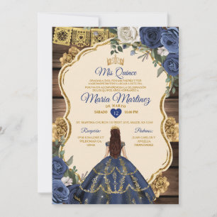 Spanish Navy Floral Wood Princess Quiñceanera Invitation