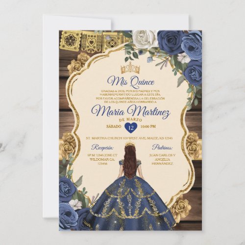 Spanish Navy Floral Wood Princess Quiceanera Invitation