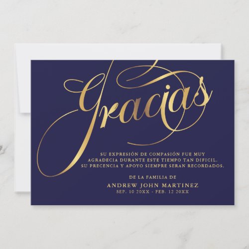 Spanish Navy  Gold Calligraphy Funeral  Thank You Card