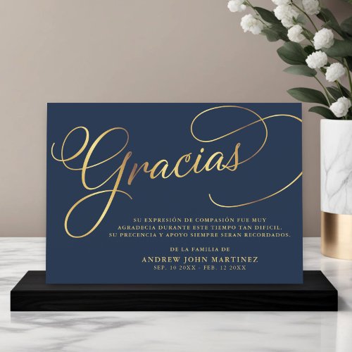 Spanish Navy  Gold Calligraphy Funeral Thank You Card