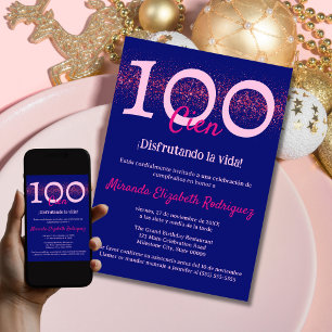Spanish Navy Hot Pink Chic Womens 100th Birthday Invitation