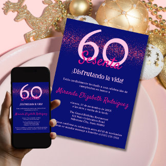 Spanish Navy Hot Pink Glitter Womens 60th Birthday Invitation