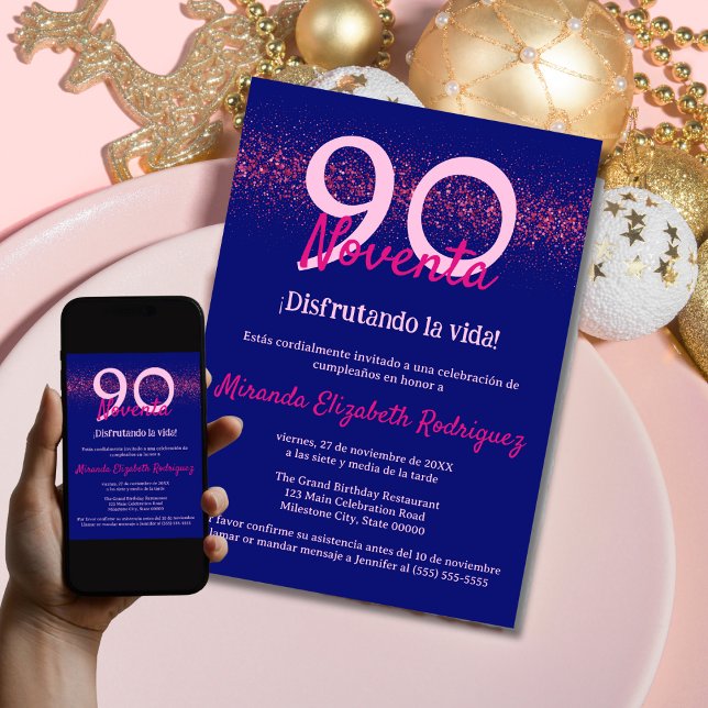 Spanish Navy Hot Pink Glitter Womens 90th Birthday Invitation (Creator Uploaded)