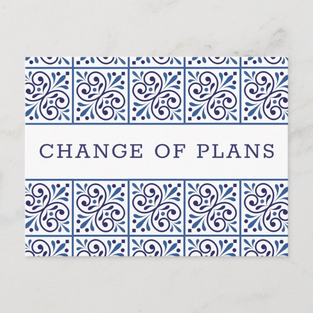 Spanish Navy Indigo Tile Change of Plans WEDDING 1 Announcement Postcard (Front)
