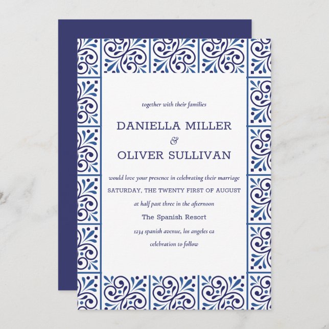 Spanish Navy Indigo Tile Mediterranean wedding Invitation (Front/Back)