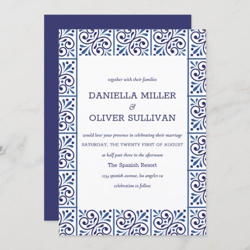 Spanish Navy Indigo Tile Mediterranean wedding Invitation