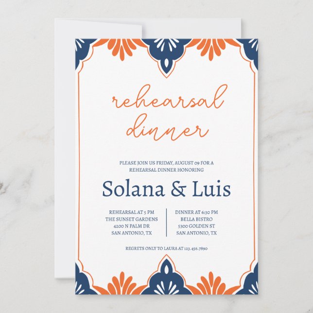 Spanish Navy & Orange Rehearsal Dinner Invitation (Front)