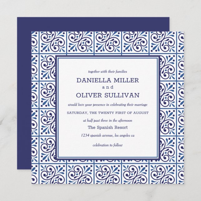 Spanish Navy Tile Mediterranean wedding Invitation (Front/Back)