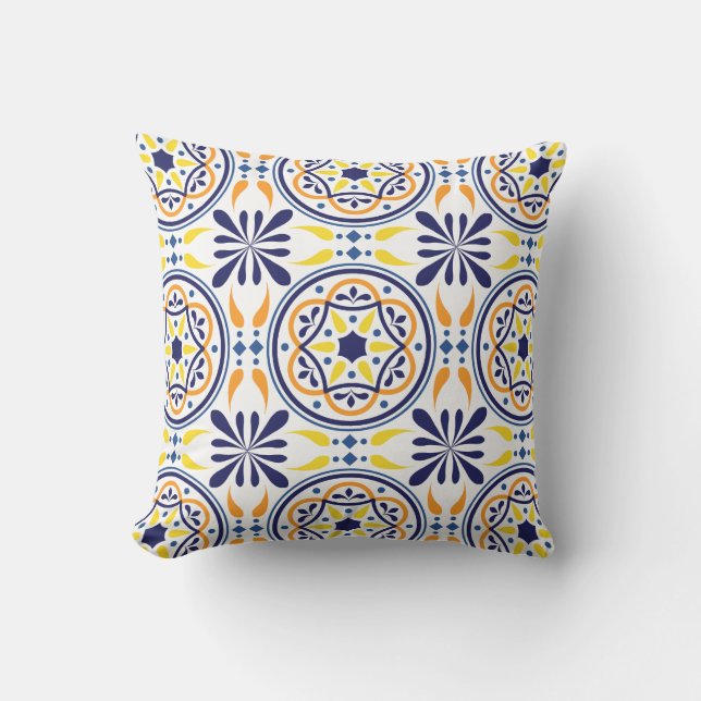 Spanish Navy Yellow Tile Mediterranean Throw Pillow (Front)