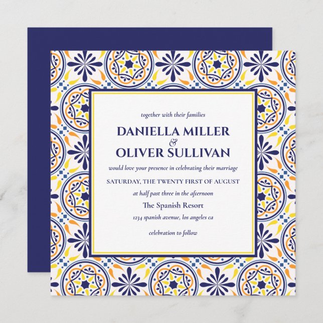 Spanish Navy Yellow Tile Mediterranean wedding Invitation (Front/Back)