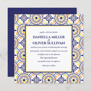 Spanish Navy Yellow Tile Mediterranean wedding Invitation
