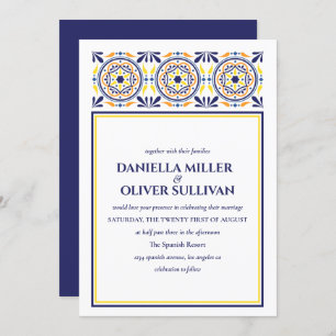 Spanish Navy Yellow Tile Mediterranean wedding Invitation