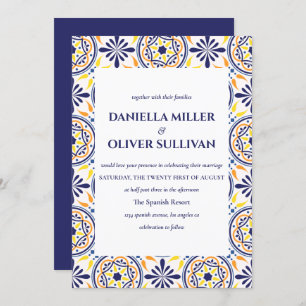 Spanish Navy Yellow Tile Mediterranean wedding Invitation
