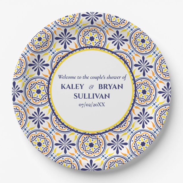 Spanish Navy Yellow Tile mediterranean wedding V1 Paper Plates (Front)