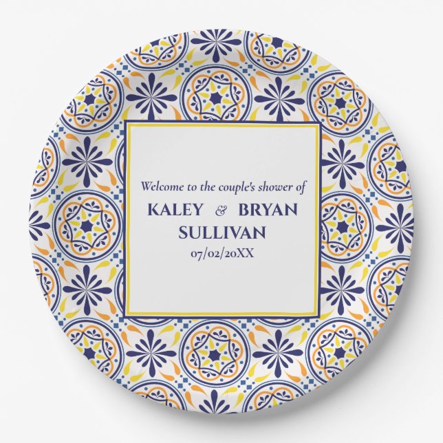 Spanish Navy Yellow Tile mediterranean wedding V3 Paper Plates (Front)