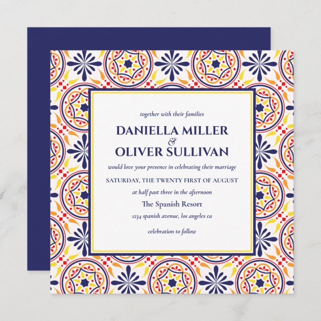 Spanish Navy Yellow Tile Mediterranean wedding v8 Invitation (Front/Back)