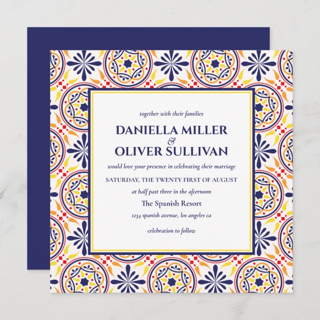 Spanish Navy Yellow Tile Mediterranean wedding VB Invitation (Front/Back)