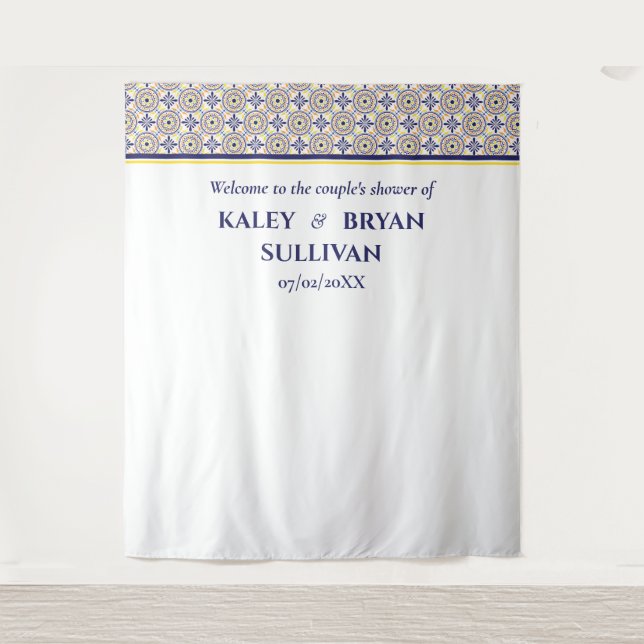 Spanish Navy Yellow Tile shower Photo Backdrop v3 (Front)