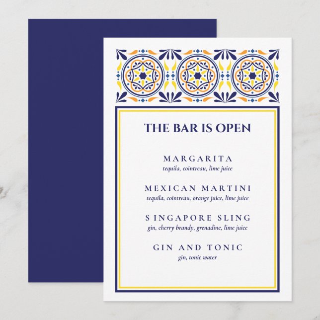 Spanish Navy Yellow Tile Signature Cocktail Invitation (Front/Back)