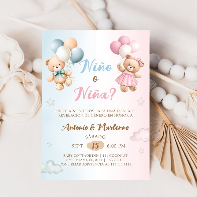 Spanish Nino o Nina Bear Balloon Gender Reveal Invitation (Creator Uploaded)