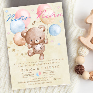 Spanish Nino o Nina Bear Balloon Gender Reveal Invitation