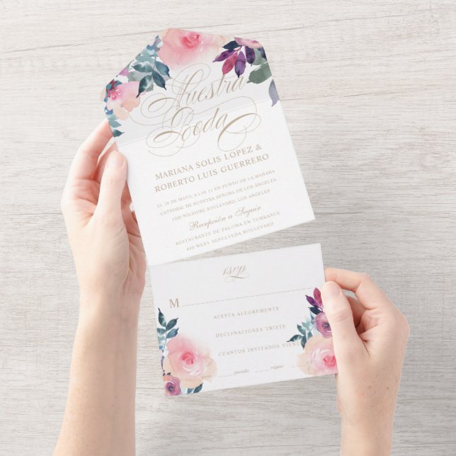Spanish Nuestra Boda Flores Morado y Rosa Wedding All In One Invitation (Tearaway)