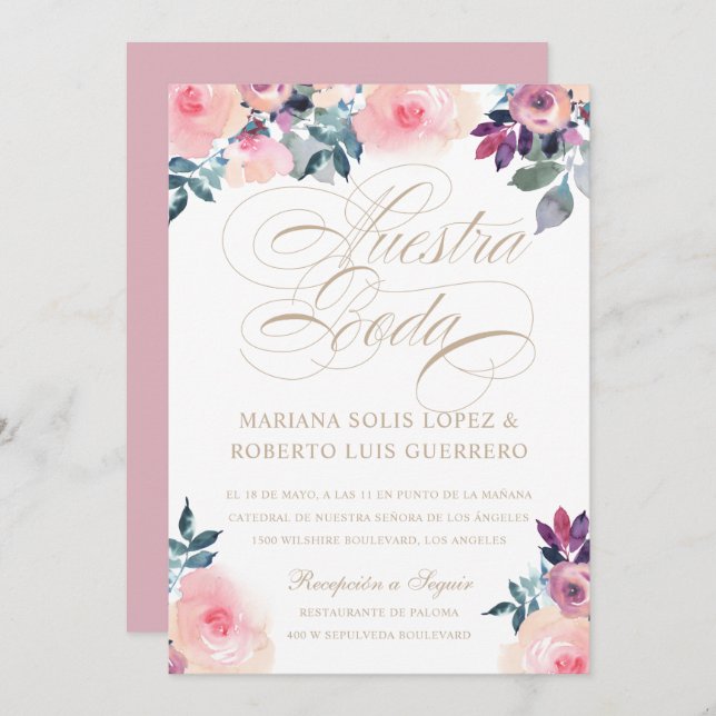 Spanish Nuestra Boda flores pintadas rosada morada Invitation (Front/Back)