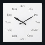 Spanish Numbers Language Learning Personalizable Square Wall Clock<br><div class="desc">This clock with Spanish numbers is a nice minimalist design that can be personalized with a background photo or image of your choice. This clock makes a great gift suitable for for multilingual households or those who teach or study Spanish. Also available in English, German, French, Chinese, Japanese, and other...</div>