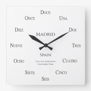 Spanish Numbers Personalized Place and Time Zone Square Wall Clock