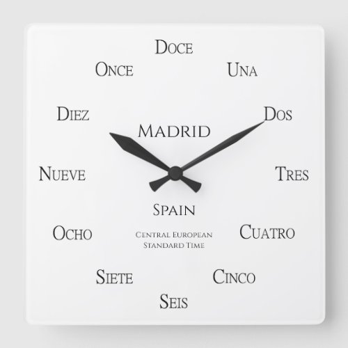 Spanish Numbers Personalized Place and Time Zone Square Wall Clock
