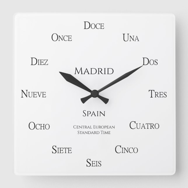 Spanish Numbers Personalized Place and Time Zone Square Wall Clock (Front)