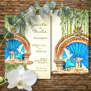 Spanish, Original Watercolor Old Mexico Fountain Save The Date