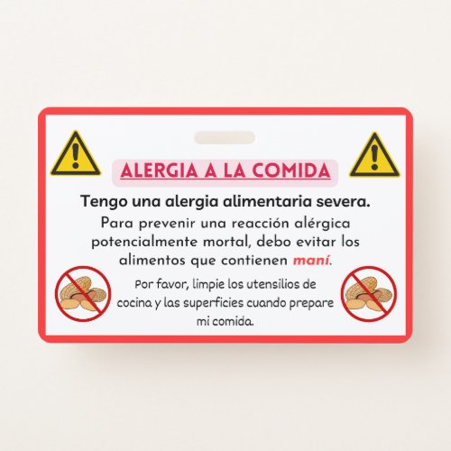 Spanish Peanut Allergy Alert Chef Card  Badge
