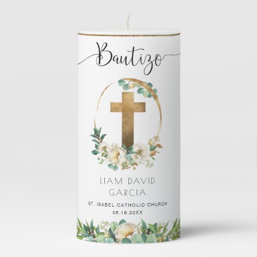 Spanish Personalized BoyGirl Baptism Greenery Pillar Candle