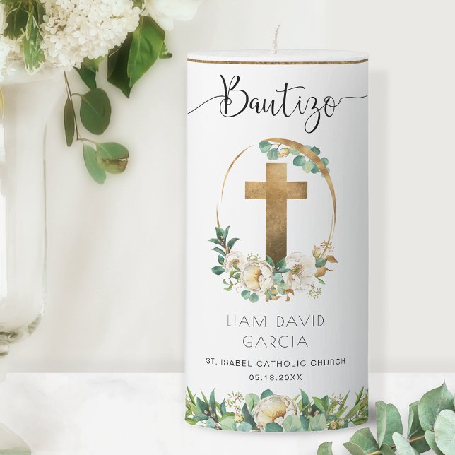 Spanish, Personalized Boy/Girl Baptism, Greenery Pillar Candle (Creator Uploaded)