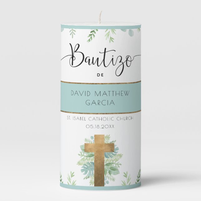 Spanish, Personalized Boy/Girl Greenery Baptism Pillar Candle (Front)