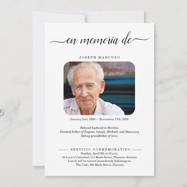 Spanish Personalized Funeral Announcement w- Photo (Front)
