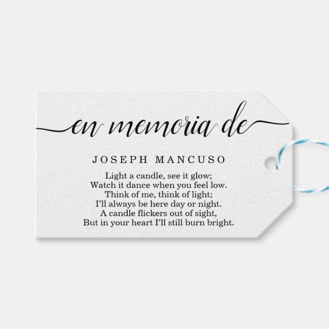 Spanish Personalized Funeral Favor Tag (Front (Horizontal))