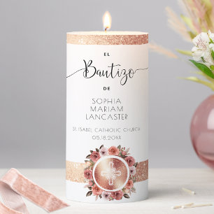 Spanish,Personalized Rose Gold Floral Girl Baptism Pillar Candle