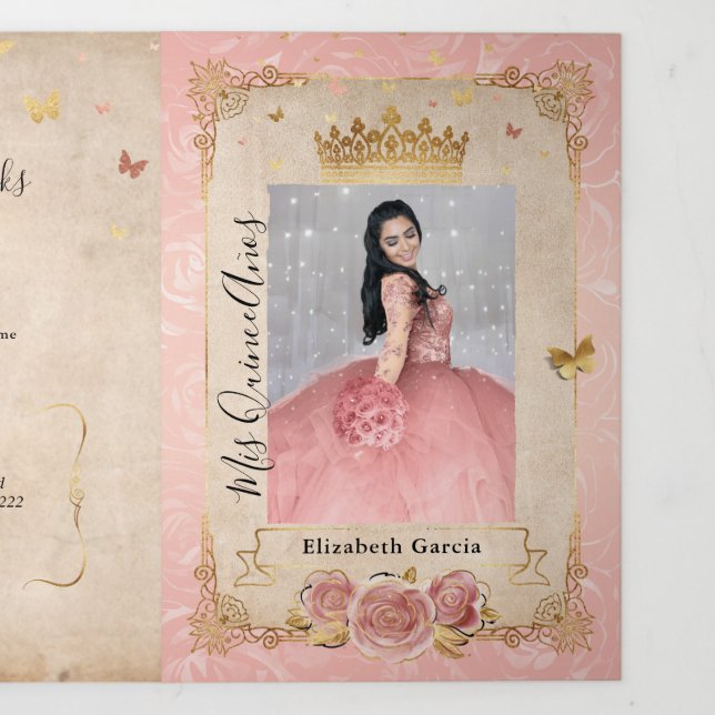 Spanish Photo Blush Pink Rose Gold Quinceanera Tri-Fold Invitation | Zazzle