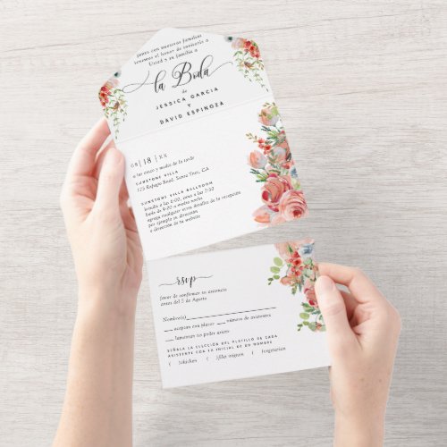 Spanish Photo Coral Peach Wedding Tear Off RSVP All In One Invitation