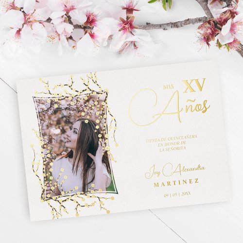 Spanish Photo Luxury Trendy Cherry Blossom VX Foil Invitation