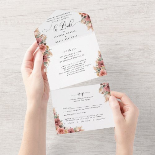 Spanish Photo Pampas Grass Wedding Tear Off RSVP All In One Invitation