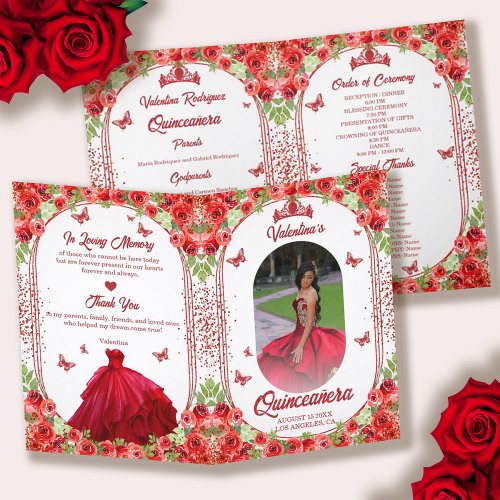 Spanish Photo Red Glitter Floral Quinceanera Program