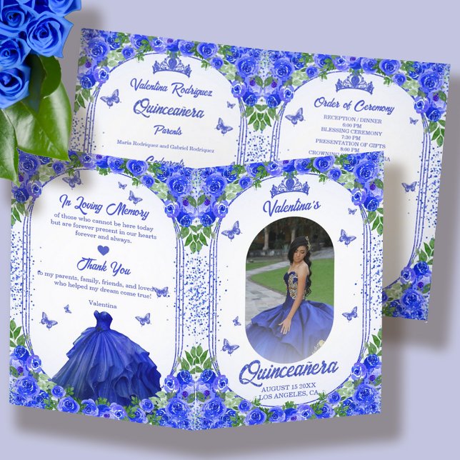 Spanish Photo Royal Blue Quinceanera Program (Spanish Photo Rose Gold Blush Pink Quinceanera Program)
